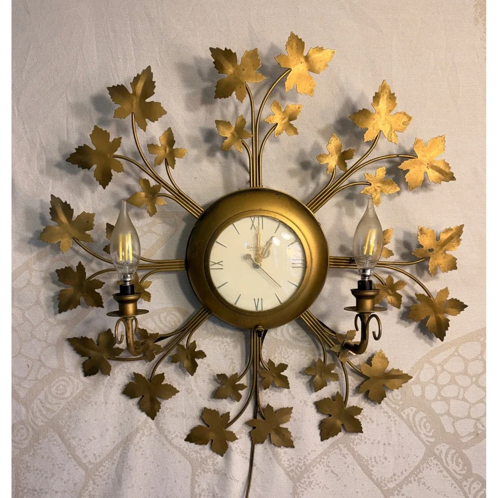 Vintage United Clock Corp Gold Metal Maple Leaf Sunburst Wall Clock Sconce 324